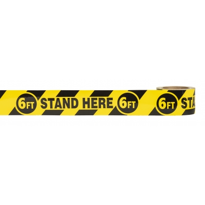 17770-9141-3366, Social Distancing Warning Vinyl Floor Tape - 6FT STAND HERE 6FT - 3” x 108'- Black/Yellow, MutualIndustries
