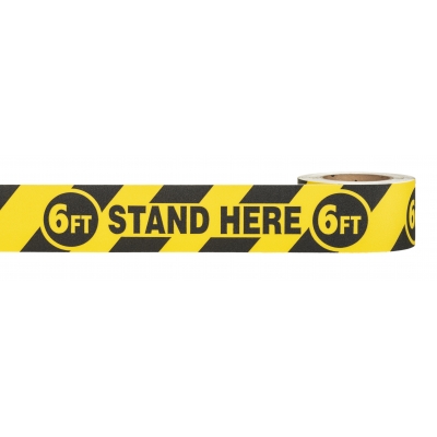 17810-9141-3546, Social Distancing Warning Anti-Skid Floor Tape - 6FT STAND HERE 6FT  - 3” x 54‚ - Black/Yellow, MutualIndustries